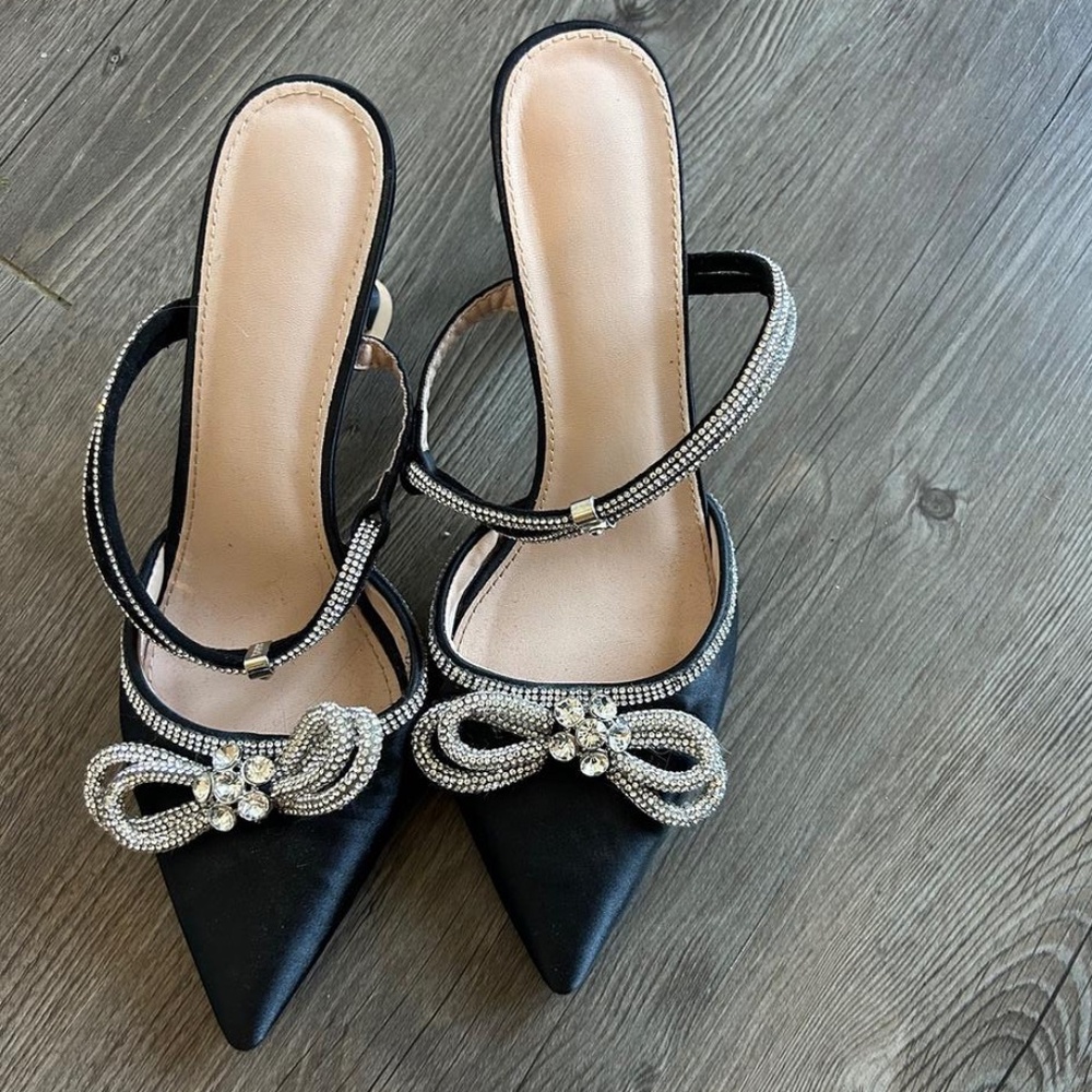 Black Satin Rhinestone Bow Slingback Kitten Heels